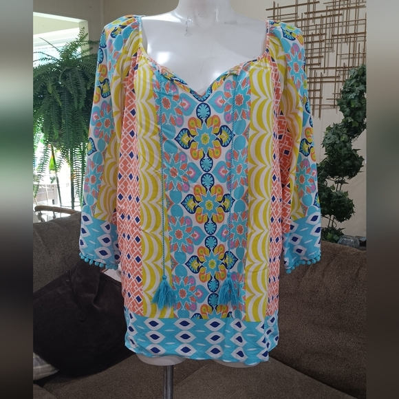 Ruby Rd. Bohemian Top Tassel Tie Neck Colorful Beach Vibe Peasant 3/4 Sleeves - Picture 4 of 10